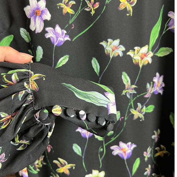 NWOT H&M Black Floral Print Long Ballon Sleeve Button Cuff Dress Whimsical 4 - Picture 5 of 6